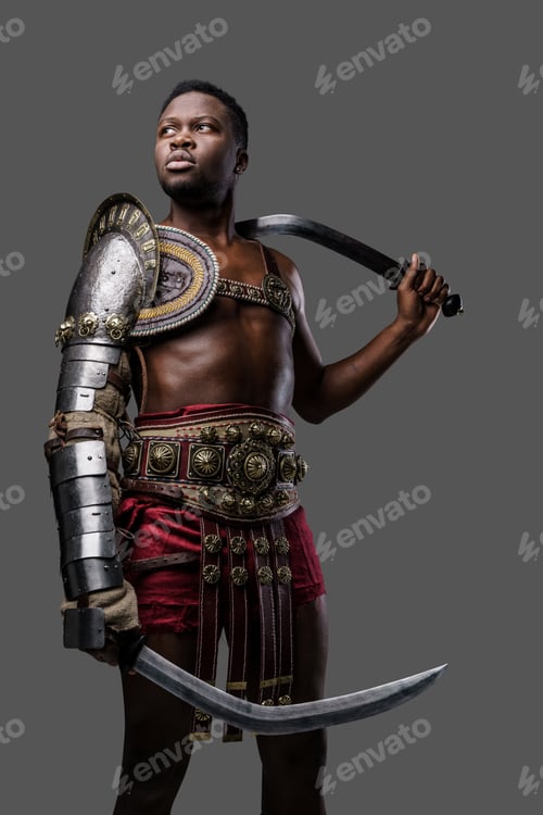 Preview: Black gladiator dressed in armor wielding dual swords