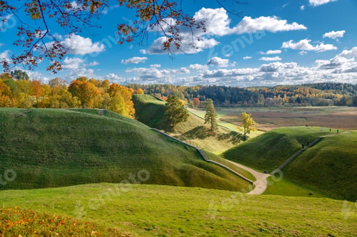 Preview: Autumn landscape in Kernave, Lithuania, with a winding trail