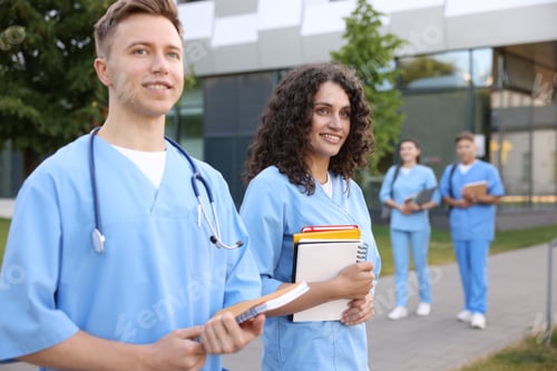 Preview: Medical students in uniforms with notebooks outdoors, selective focus