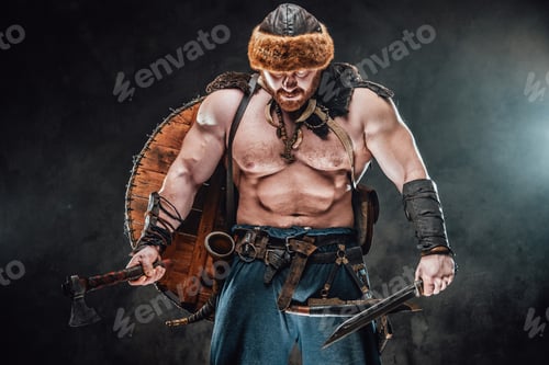 Preview: Sad and shirtless scandinaivan warrior in foggy background
