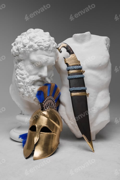 Preview: Greek plumed helmet and dagger with marble sculpture