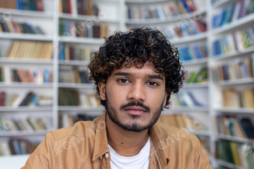 Preview: Close-up photo. Portrait of a young Indian male student sitting in the library near the bookshelves