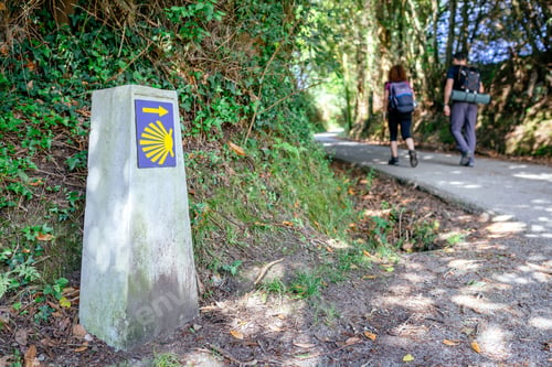 Preview: Milestone of Saint James way with pilgrims walking