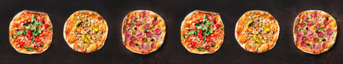 Preview: Pizza pattern. Six pieces set on dark background. Top view, copyspace