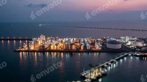 Preview: Aerial view chemical storage tank on sea at oil terminal station at night.