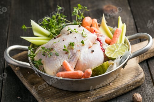 Preview: organic raw whole chicken with thyme peppers and garlic on a rustic table