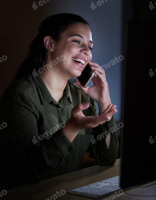 Preview: Phone call, happy and night with a business woman in her office, working late on an overtime deadli