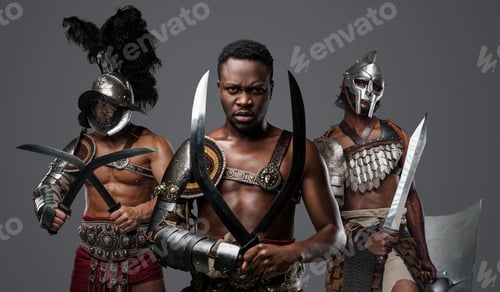 Vista previa: Three proud gladiators with plumed helmets and swords