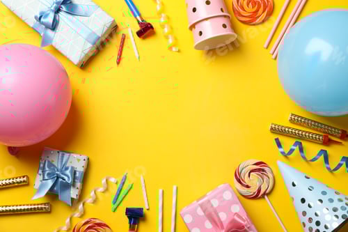 Preview: Gift boxes and birthday accessories on yellow background, space for text