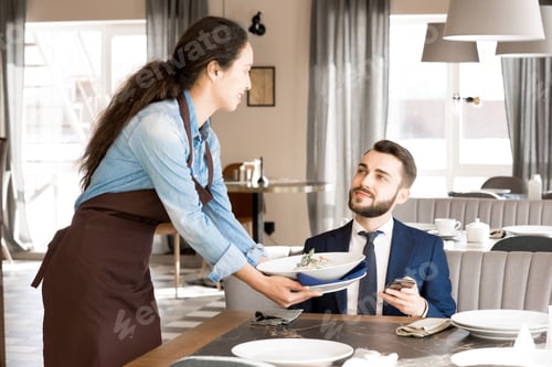 Preview: Pretty waitress bringing salad for customer