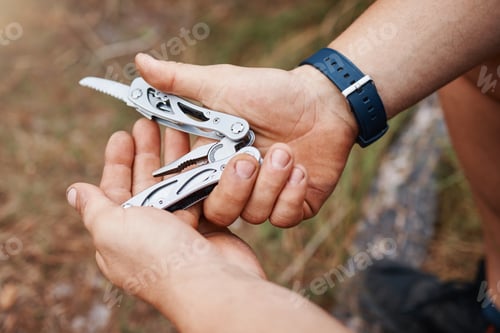 Preview: Hands, man or multi purpose knife in environment camping land, sustainability forest woods or hikin