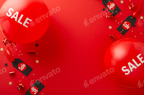 Preview: Get ready for Black Friday sales! Top-down view of "sale" balloons, price tags, serpentine