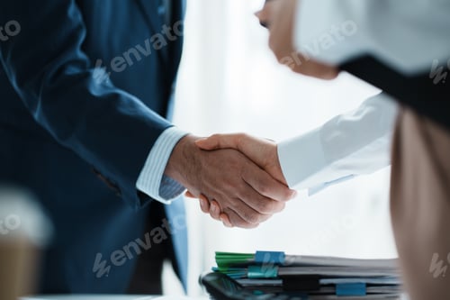 Preview: Two confident business man shaking hands during a meeting in the office, success, dealing, greeting