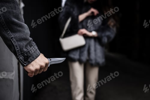 Preview: Criminal with knife hiding behind wall and waiting for victim near alley, closeup