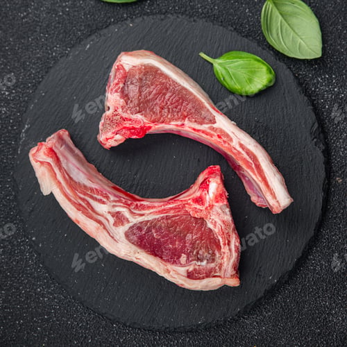 Preview: cutlet lamb meat raw on the bone slice meal food snack on the table copy space food background