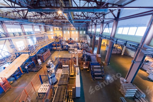 Preview: Fiberglass production industry equipment at manufacture background