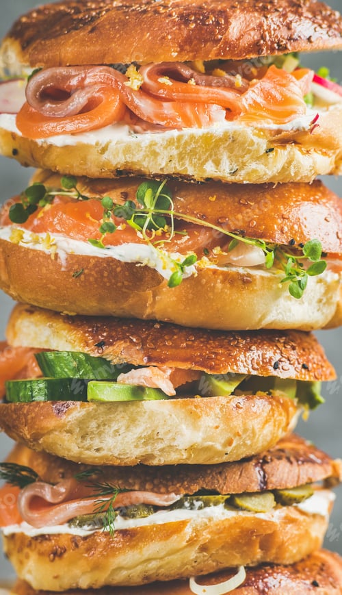 Preview: Close-up of Bagels with salmon, eggs, vegetables, capers, cream-cheese, herbs