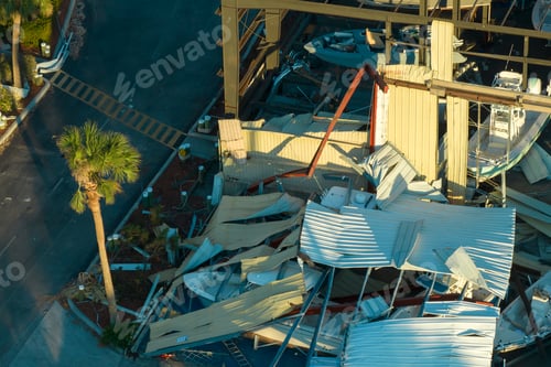 Preview: Warehouse with motorboats and yachts destroyed by hurricane winds in Florida