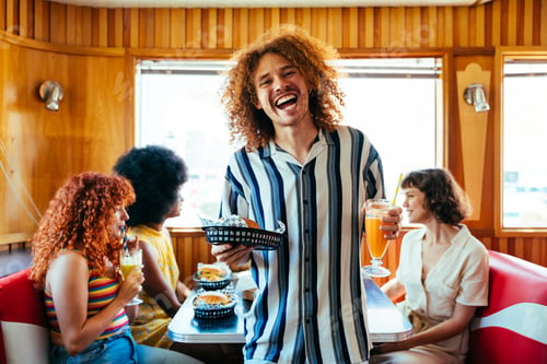Preview: Multiethnic group of friends having meal at diner restaurant