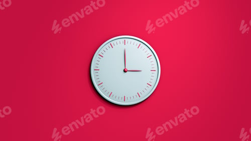 Preview: White wall clock isolated on red background. 3D rendering illustration.