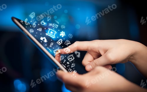 Preview: Hand Touching Tablet Pc, Social Media Concept