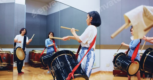 Preview: Japanese, drums and people in studio for music on instrument for performance, practice or class. Ta