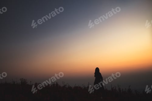Preview: a woman standing among beautiful flower garden on the top of the hill before sunrise