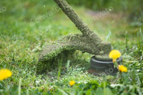 Preview: A lawn mower is cutting green grass