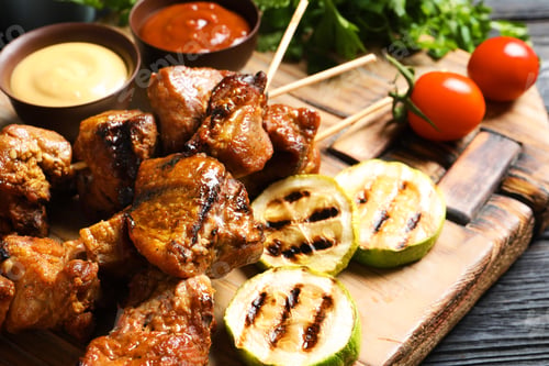 Preview: Delicious barbecued meat served with garnish and sauces on wooden board, closeup