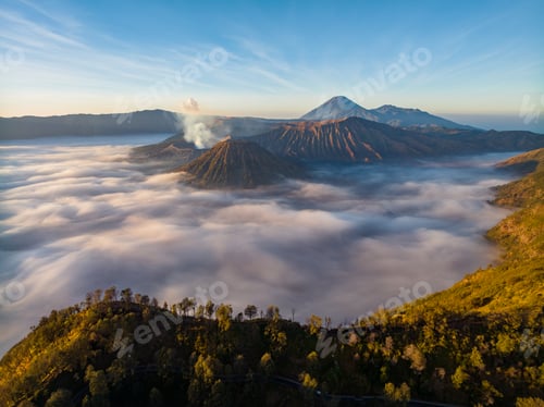 Preview: Aerial view of Bromo active volcano at sunrise,Tengger Semeru national park, East Java, Indonesia