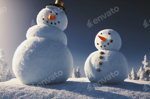Preview: cute snowman in winter landscape
