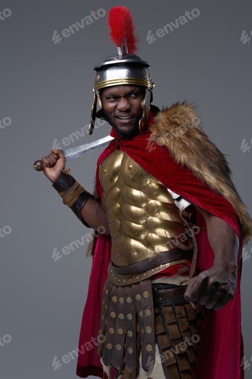 Preview: Offensive roman soldier of african ethnic with gladius