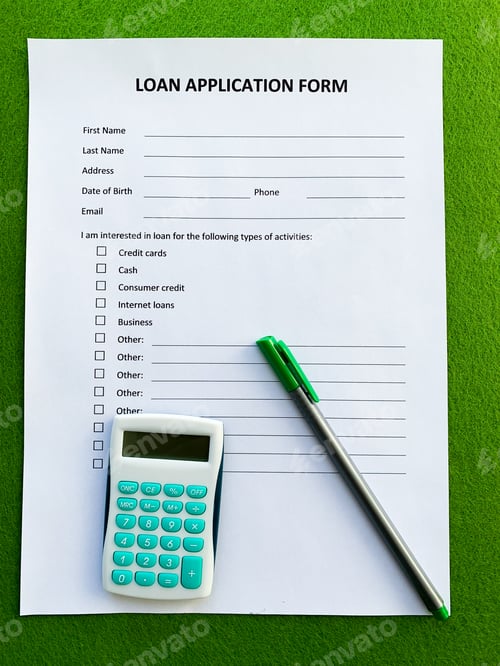 Preview: Document with title loan application form, top view