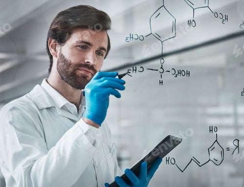 Preview: Writing, science and chemistry with man and tablet in laboratory for medicine, pharmacy and healthc