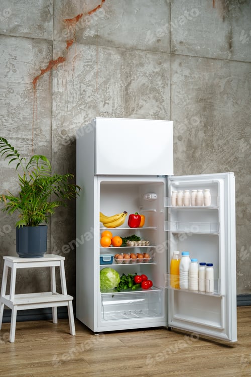 Preview: White Refrigerator With Open Door Showing Food Inside, Grey Concrete Wall, Wooden Floor, and Plant