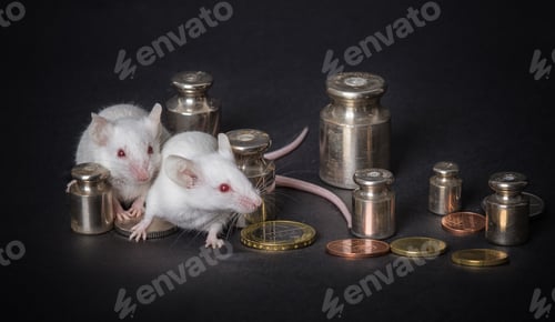 Preview: two white laboratory mice with weights and coins on a gray background