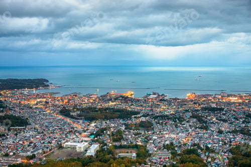 Preview: Otaru, Hokkaido, Japan town cityscape over Ishikari Bay