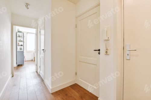 Preview: Doorway of modern apartment with white walls and parquet floor