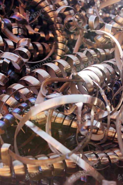 Pile of Shiny Metal Shavings Curls Close-Up