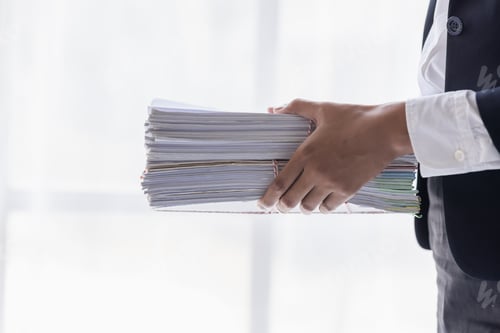 Preview: Business Employee Asian woman hand working in Stacks paper files for searching and check unfinished