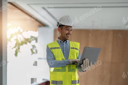 Preview: Young handsome asian engineer holding laptop looking forward and thinking, planning on construction