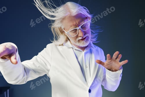 Preview: Scientist with white hair and glasses in a white suit, performing an experiment against a blue