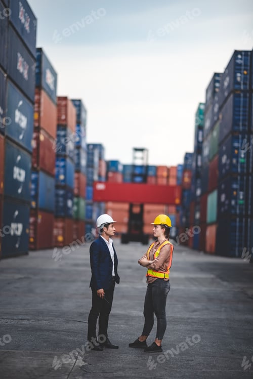 Preview: businessman person or engineer and foreman wearing safety helmet are talking about business