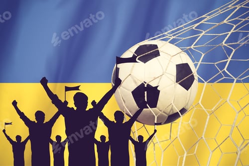 Preview: Silhouettes Of Soccer Fans With Flag Of Ukraine .Cheer Concept Vintage Color