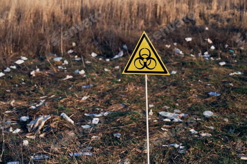 Preview: Warning biohazard sign in field with garbage.