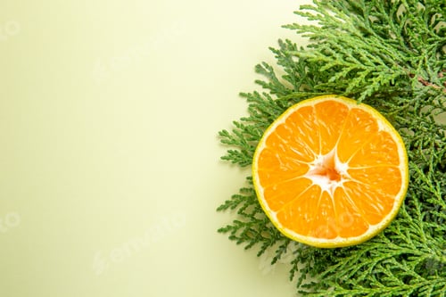 Preview: top view fresh tangerine slice with green branches on white background photo citrus color orange