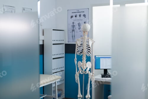 Preview: Back view of on human body skeleton standing in empty hospital office