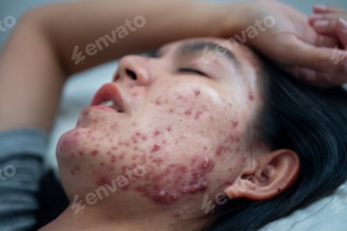 Preview: Acne on face because the disorders of sebaceous glands productions. Acne or a Cosmetic Allergy.