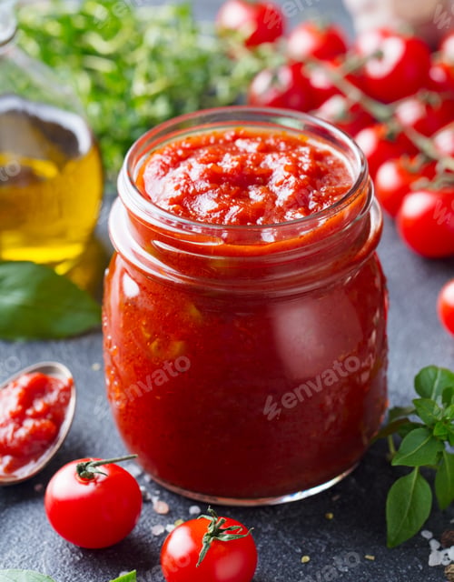 Preview: Traditional Tomato Sauce in a Glass Jar with Fresh Herbs, Tomatoes and Olive Oil. Close up.