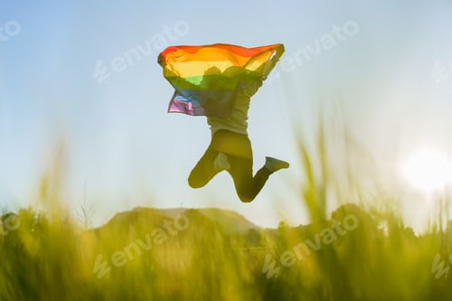 Preview: Unrecognizable man jumping with LGBT flag in a field at sunset